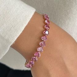 Golden Pink Sapphire Heart Cut Tennis Bracelet For Women
