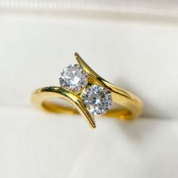 Golden Two Stone White Sapphire Round Cut Engagement Ring For Women