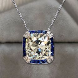 Vintage Halo White & Blue Sapphire Cushion Cut Pendant Necklace For Women