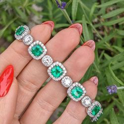 Classic Halo Emerald & White Sapphire Cushion Cut Tennis Bracelet For Women