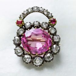 Cute Bag Design Pink Sapphire Oval Cut Two Tone Brooch For Women