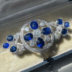 Art Deco Blue & White Sapphire Oval Cut Brooch For Women