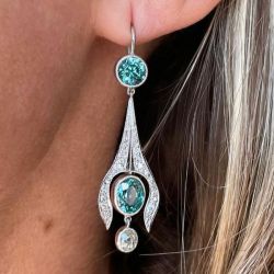 Art Deco Aquamarine & White sapphire Oval & Round Cut Drop Earrings