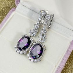Art Deco Halo Purple Sapphire Oval Cut Drop Earrings For Women