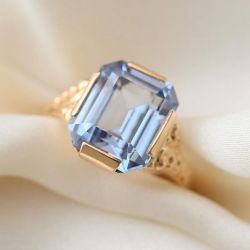 Golden Solitaire Light Blue Sapphire Emerald Cut Engagement Ring For Women 