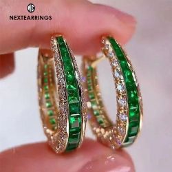 Golden Round & Emerald Cut Emerald Sapphire Hoop Earrings For Women
