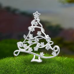 Cute Christmas Tree Design White Sapphire Round Cut Brooch