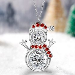Cute Snowman Design White & Garnet Sapphire Round Cut Pendant Necklace