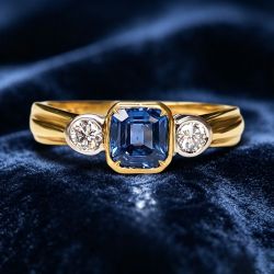 Two Tone Three Stone Blue Sapphire Asscher Cut Engagement Ring