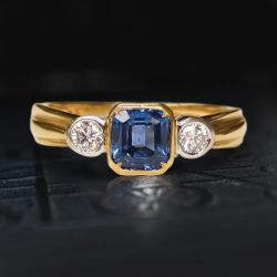 Two Tone Three Stone Blue Sapphire Asscher Cut Engagement Ring