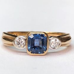 Two Tone Three Stone Blue Sapphire Asscher Cut Engagement Ring