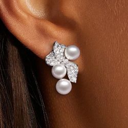 Fashion White Pearl & Sapphire Round Cut Stud Earrings For Women