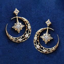 Star & Moon Design White Sapphire Round Cut Drop Earrings For Women