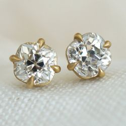 Classic Golden Solitaire White Sapphire Cushion Cut Stud Earrings