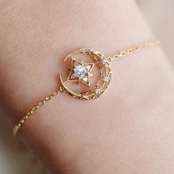 Star & Moon Design White Sapphire Round Cut Bracelet