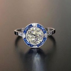 Vintage Halo White & Blue Sapphire Round Cut Engagement Ring For Women