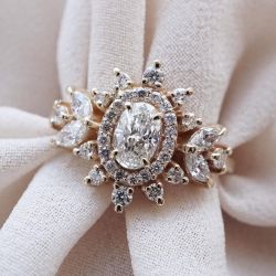 Art Deco Double Halo White Sapphire Oval Cut Engagement Ring For Women