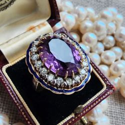 Art Deco Purple Sapphire & Blue Enamel Oval Cut Engagement Ring For Women