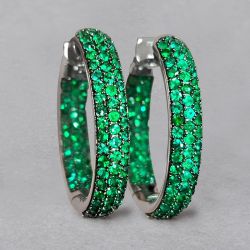 Pave Setting Emerald Sapphire Round Cut Two Tone Hoop Earrings