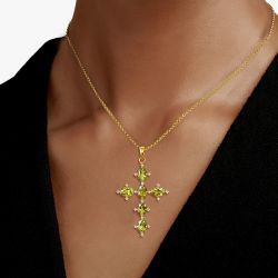 Golden Cross Design Peridot Sapphire Oval Cut Pendant Necklace