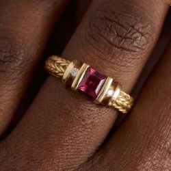 Nextearrings Golden Three Stone Ruby Sapphire Asscher Cut Engagement Ring