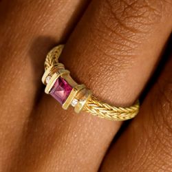Art Deco Three Stone Ruby Sapphire Asscher Cut Engagement Ring For Women