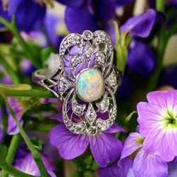 Art Deco Halo White Opal & Sapphire Oval Cut Engagement Ring
