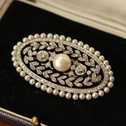 Art Deco White Sapphire & Pearl Round Cut Brooch For Women