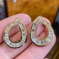 Golden White Sapphire Baguette Cut Hoop Earrings For Women