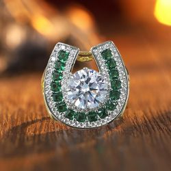 Vintage Horseshoe Design White & Emerald Sapphire Round Cut Engagement Ring