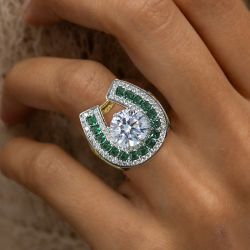 Vintage Horseshoe Design White & Emerald Sapphire Round Cut Engagement Ring