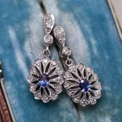 Vintage White & Blue Sapphire Oval Cut Drop Earrings For Women