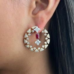 Unique White & Ruby Sapphire Emerald & Round Cut Hoop Earrings