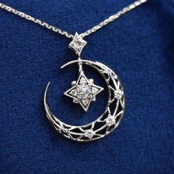 Unique Star & Moon Design White Sapphire Round Cut Pendant Necklace