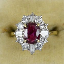 Two Tone Halo Ruby & White Sapphire Oval Cut Engagement Ring