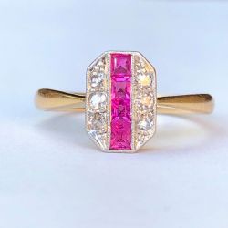 Vintage Two Tone Ruby & White Sapphire Asscher & Round Cut Engagement Ring