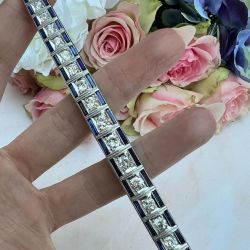 Art Deco White & Blue Sapphire Round Cut Tennis Bracelet For Women