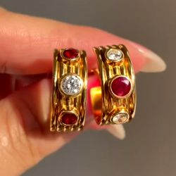 Golden Ruby & White Sapphire Round Cut Hoop Earrings For Women