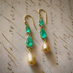 Golden Emerald Sapphire & Pearl Pear Cut Drop Earrings For Women