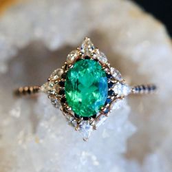 Art Deco Double Halo Emerald Sapphire Oval Cut Engagement Ring For Women