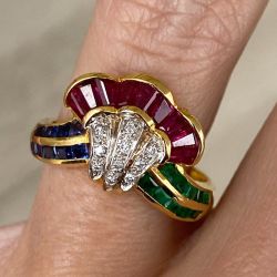 Unique Ruby & Blue & Emerald & White Sapphire Baguette Cut Engagement Ring
