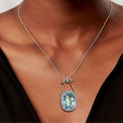 Vintage Bow Halo Aquamarine Oval Cut Pendant Necklace For Women