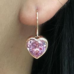 Golden Solitaire Pink Sapphire Heart Cut Drop Earrings For Women