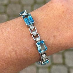 Antique Aquamarine Emerald Cut Tennis Bracelet For Women