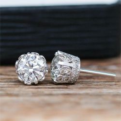 Vintage White Sapphire Round Cut Stud Earrings For Women