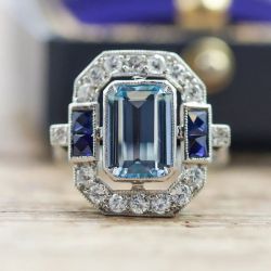 Halo Aquamarine Sapphire Emerald Cut Engagement Ring For Women