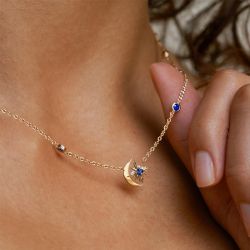 Golden Moon & Star Design Blue Sapphire Asscher Cut Pendant Necklace