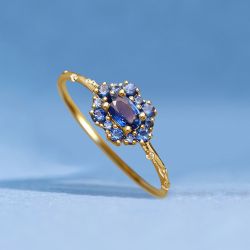 Golden Halo Blue Sapphire Oval Cut Engagement Ring For Women