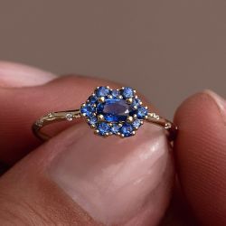 Golden Halo Blue Sapphire Oval Cut Engagement Ring For Women