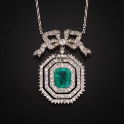 Art Deco Bow Halo Emerald Sapphire Emerald Cut Pendant Necklace